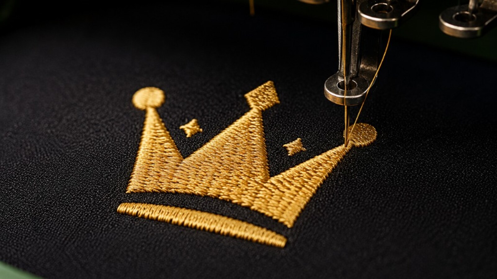 Gold crown embroidery on black fabric